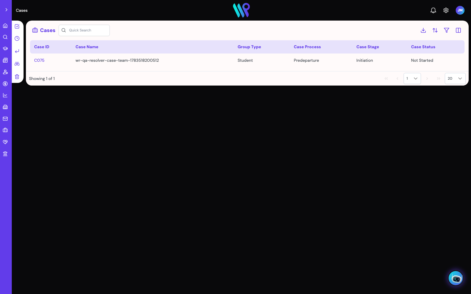 The Cases list showing case process, stage and status columns