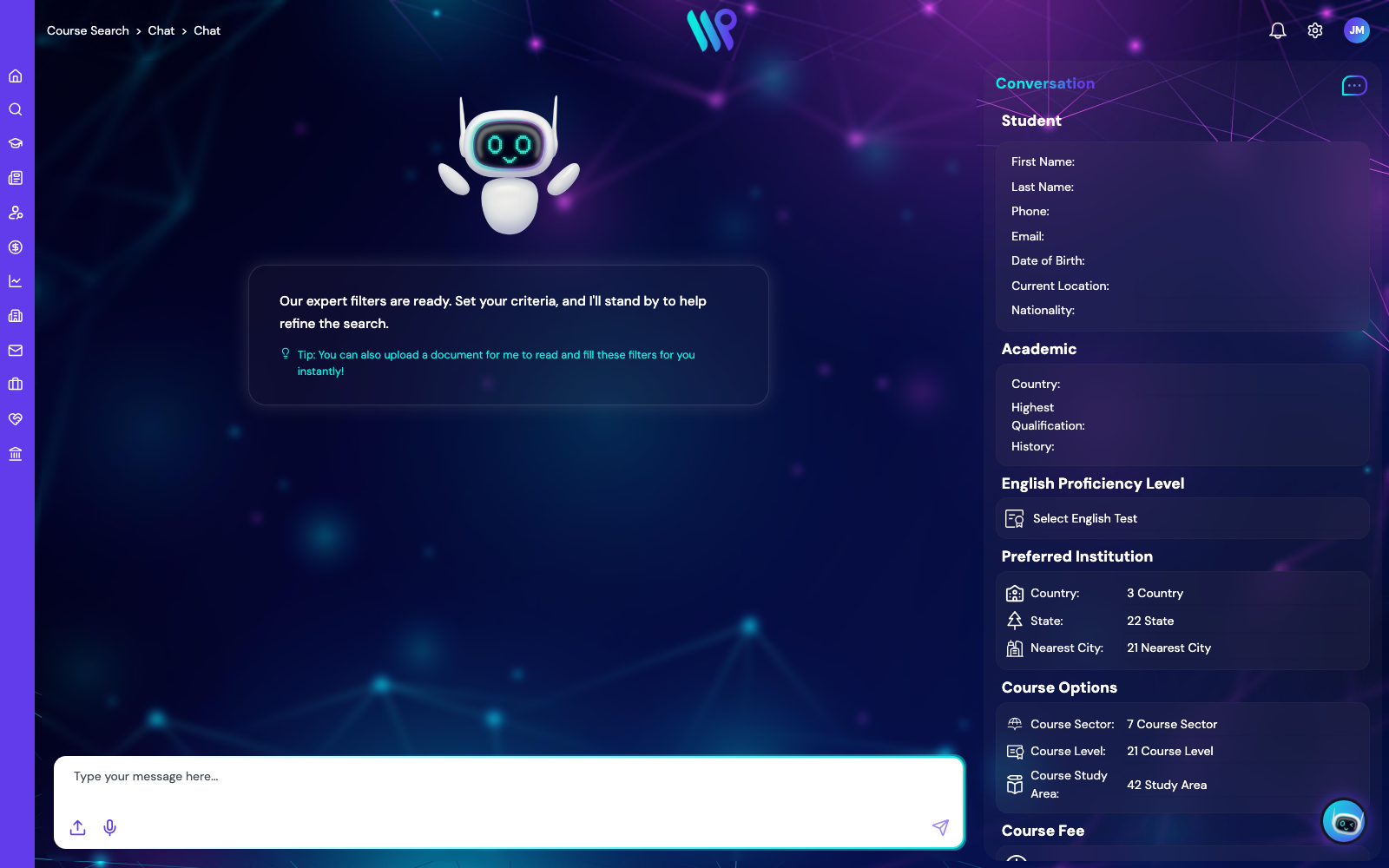 AI Course Advisor chat with live percentage match results